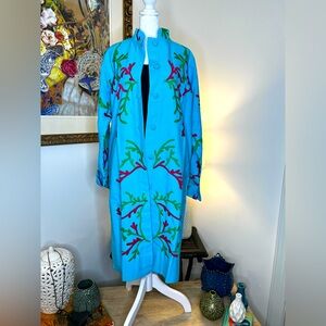Gretchen Scott Twill Twig Jacket Turquoise Embroidered Button Front Medium